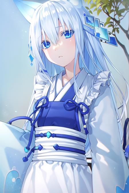 fffkarin, long hair, blue eyes, hair ornament, animal ears, white hair, fox ears, japanese clothes, kimono, long sleeves, wide sleeves, ribbon, blue ribbon,