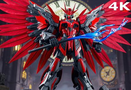 a Garuda the Wind Spirit mecha standing proudly against a Clockwork Night background. The mecha, mostly red and gray, boasts black arms and legs, holding a blue Fire Whip. Its head bears a red visor, and it's prepared for action in a dynamic pose. This 4K image showcases exceptional quality, vivid colors, and impressive details, from intricate facial features to well-crafted clothes. The image captures the mecha's powerful presence, demonstrating expert technique and creative composition.