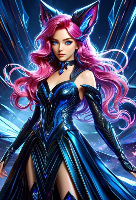 3DMM, high quality, best quality, unrealistically high details, extremely high quality, ultra high detail, good anatomy, masterpiece, high res, crisp lines, realistic, available light, 1girl, 40 years old, gorgeous girl, (((beautiful))), (beautiful face), sexy proportions, ((small boobs)), perfect perky tits, pink hair, long wavy hair, long hair, wavy hair, dog ears, animal_ears, ((blue eyes)), dark blue eyes, sapphire eyes, smoky eyes, beautiful makeup, arrogant, aloof, warrior princess, petite, athletic, black choker, long dress, posing, stylish_pose, dynamic_angle, head_tilt, DonMX3n0XL, (((futuristic))), futurism, postapocalyptic, (((magical))), whimsical, fairytale, fantasy