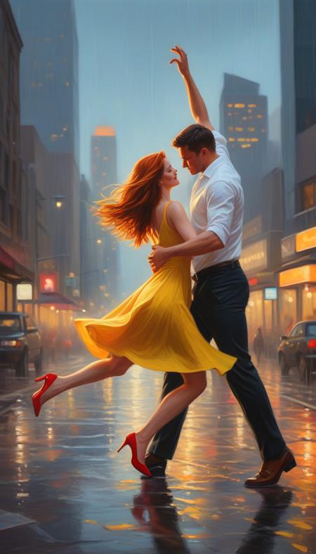 An oil painting of a couple in a playful yet sensual twirl in a twilight cityscape. The woman’s yellow dress flares around her as she spins away from her partner, her red heels catching the light and her auburn hair flying in a dynamic arc. She holds onto the man’s hand, her body tilted slightly to showcase her toned figure. The man, wearing a crisp white shirt and dark trousers, stands poised and confident, his other hand outstretched in a gesture of balance. The cinematic skyline and rain-soaked pavement reflect their joyful motion, blending romance and energy with the glowing hues of the setting sun