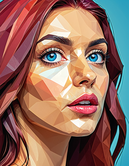 polygon style, low-poly animal, angular shape,
face close up,
geometric womans face,
model face, pretty,
wet dark red hair, thick long hair,
head tilt, blue eyes,
large eyes, big plump lips, small nose, blush, 
45º angle, profile, 
clean polygon edges, symmetrical design, digital art,
<lora:Polygon_Lora_XL:1>
background polygonal sunset, bright colors, tan, tshirt
