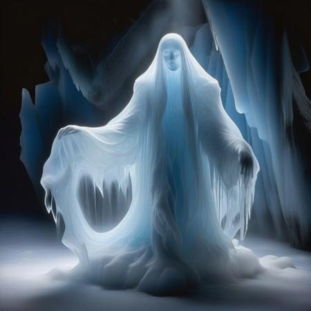 a chilling translucent ghost made of cracked faceted ice, wispy mist flowing down to the floor, dry ice smoke hiding the floor, graceful organic shapes, backlit by soft blue magical light inside a glacier, designed by Wendy Froud and Victor Horta
