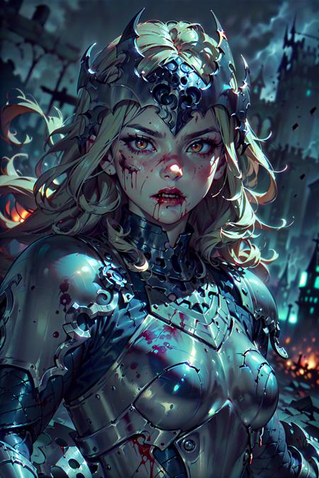 (extremely detailed:1.3), (masterpiece:1.3), sfw, (fantasy of terror art:1.3), a (dutch angle:1.4) illustration of a
(woman (vampire:1.1) with an athletic body:1.3), (detailed pale white skin, detailed hands, detailed fingers, detailed face with blood splatters, detailed lips with blood smears:1.3), (detailed long curly blonde hair:1.3), (defined detailed brown eyes), (small breasts:1.3), (fatally lusty:1.3), (in a seductive pose:1.4), (wearing intricately detailed broken chrome and midnight blue (full plate armor:1.1) made of bronze and metal with detailed etchings, thick heavy armor plating, heavy plate armor dress, intricate delicate helmet:1.3), (apocalyptic storm:1.3), (detailed broken vampire castle in the background:1.5), (nighttime, night, dim lighting, dark atmosphere:1.4), (sharp focus, (strong depth of field:1.5)), ultra quality <lora:add_detail:.2> <lora:JW:.2>