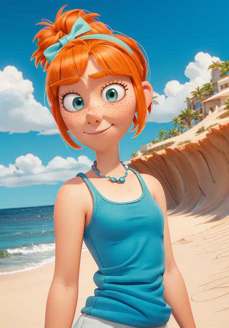 1girl, Orange hair in a bun, green eyes, slight smirk, freckles on cheeks, thin eyebrows, white necklace with a bow, blue tank top, pale skin, standing, cartoon, (pixar:1.2), Lucy Wilde, ocean, sand, palms, <lora:Lucy_Wilde:1>, long nose, fringe