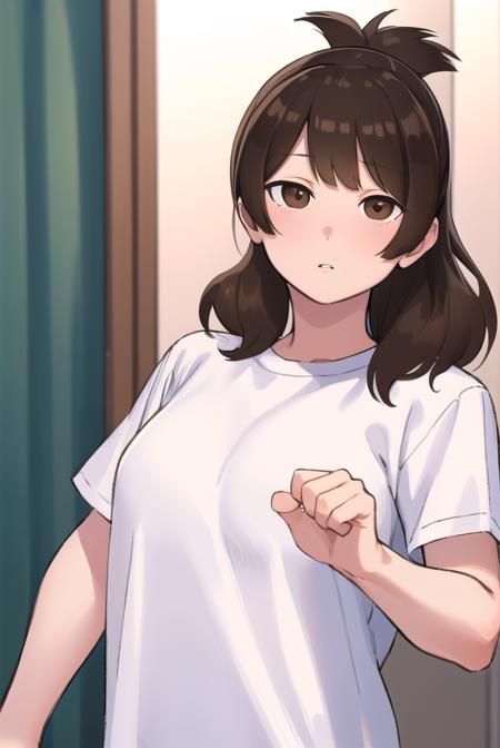 yuiashiro, <lora:yui ashiro-lora-nochekaiser:1>,
yui ashiro, bangs, blunt bangs, brown hair, (brown eyes:1.7), medium hair, ponytail,
BREAK shirt, pants, t-shirt, (white shirt:1.5),
BREAK indoors, bed,
BREAK looking at viewer, (cowboy shot:1.5),
BREAK <lyco:GoodHands-beta2:1>, (masterpiece:1.2), best quality, high resolution, unity 8k wallpaper, (illustration:0.8), (beautiful detailed eyes:1.6), extremely detailed face, perfect lighting, extremely detailed CG, (perfect hands, perfect anatomy),