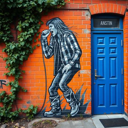 Brick wall in an overgrown urban environment, 
mural depicts a high-energy, black-and-white portrait of a rock musician mid-performance, positioned on a tiled wall next to a bold blue door. The figure is portrayed in a dynamic pose, gripping a microphone with intense emotion, exuding the raw passion of a live performance. The artist has carefully detailed the flannel shirt, long hair, and sturdy boots, adding depth and texture to the artwork. The use of grayscale shading contrasts effectively against the vibrant orange brickwork and the vivid blue of the adjacent door, creating a striking urban composition. The mural captures the spirit of rock and roll, blending seamlessly into the gritty street setting.
graffiti, mural, hyper-realistic, vibrant colors, bold letterforms, 3D design, urban art, intricate details, vivid gradients, sharp highlights, contrasting shadows, abstract influences, electric palette, sculptural effect