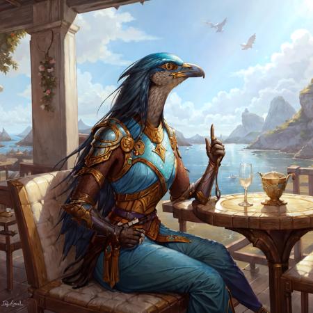 masterpiece, best quality,((solo)),  painting of Aven  a Teal Blue bird woman  wearing armor, medieval setting,  in a archipelago, day, sitting in cafe, <lora:Aven:0.85>