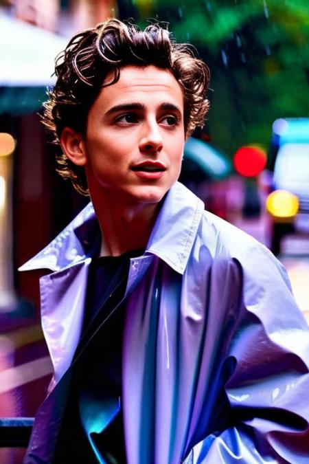 Timothe Chalamet a man <lora:Timothe-Chalamet:1>, wearing a rain coat, flaccid penis, crop top, city street, bokeh, homoerotic, rainy day, <lora:xpenis-1.5e:0.9>