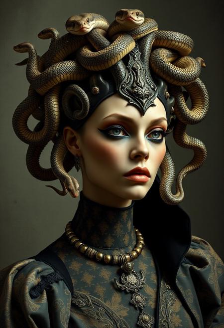 Medusa, snakes at the head, oriental damask ornaments, in the style of restrained palette, distressed materials, realistic color schemes, hieratic visionary, figura serpentinata, nicola samori, bold yet graceful , alexander McQueen fashion costume style, oil painting style