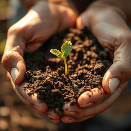 Gentle cupped hands holding rich, dark soil with a delicate green seedling emerging, tiny tender leaves unfurling, soft natural lighting creating a warm glow, shallow depth of field focusing on the fragile plant, hands positioned as if protecting and nurturing the young life, fine details visible in the soil texture and delicate leaf veins, symbolic of hope and new beginnings, serene and peaceful atmosphere, macro photography style, golden hour lighting, earth tones with vibrant green contrast, 
Morning dew droplets on the leaves,Soft sunbeams filtering through, 
Weathered, caring hands,