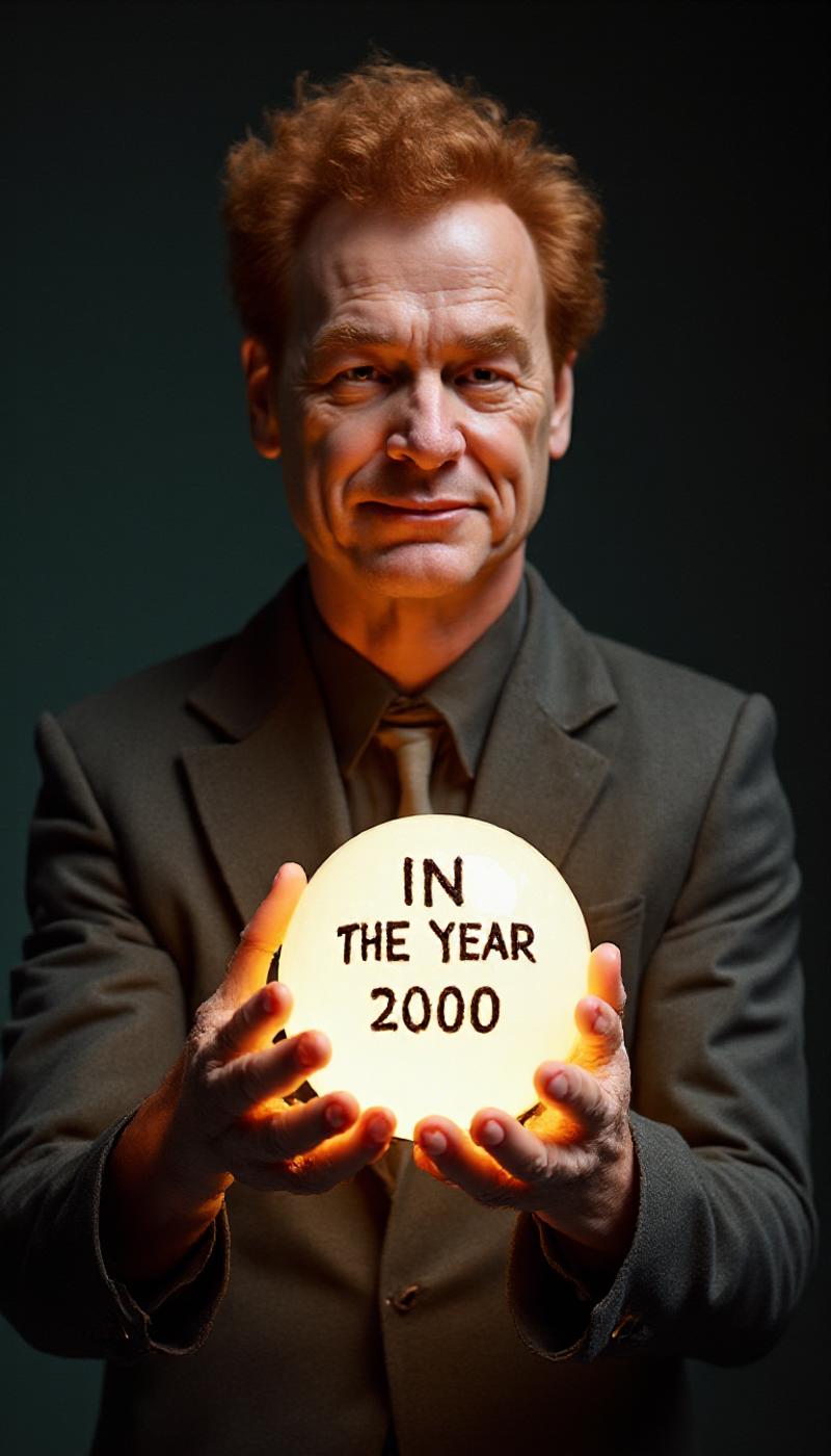 Conan Obrien as a fortune teller with a crystal ball with text that says "IN THE YEAR 2000",