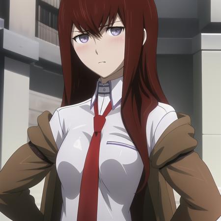 <lora:makise_kurisu:0.9>,((masterpiece,best quality,ultra detailed,8k)),brown_hair,collared_shirt,jacket,long_sleeves,makise_kurisu,standing,red_necktie,solo,1girl,white_shirt,perfect face,red_hair,purple_eyes,((blush)),upper body,(close_mouth)