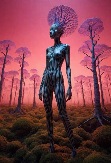 A surrealistic fusion of Reuben Wu's ethereal landscapes with Nick Knight's hyper-realistic models. A Synthetic forest of barcode trees, where creatures with Taro Okamoto's biomechanical limbs frolic and play. The sun sets in vibrant, electric hues, casting long, synthetic shadows that distort the Sharp Focus images of the models. In the distance, a satellite hovers, projecting old school designs onto the landscape, OverallDetail