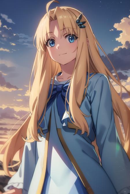 shieldfilo, <lora:shield filo s3-lora-nochekaiser:1>,
filo, long hair, bangs, blue eyes, blonde hair, hair ornament, ahoge, (parted bangs:1.5), hair intakes, smile,
BREAK long sleeves, dress, bow, wings, white dress, blue bow, feathered wings, white wings, bird wings,
BREAK outdoors, nature, forest, sun, sky, clouds, trees, grass, 
BREAK looking at viewer, (cowboy shot:1.5),
BREAK <lyco:GoodHands-beta2:1>, (masterpiece:1.2), best quality, high resolution, unity 8k wallpaper, (illustration:0.8), (beautiful detailed eyes:1.6), extremely detailed face, perfect lighting, extremely detailed CG, (perfect hands, perfect anatomy),