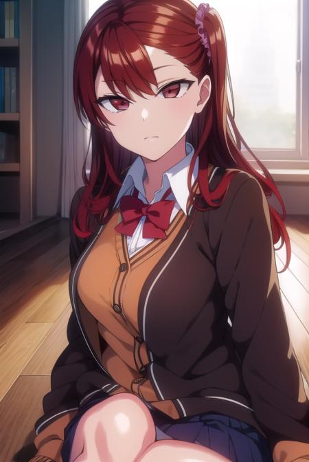 izuminogami, <lora:izuminogami-lora-nochekaiser:1>, 
izumi nogami, red hair, one side up, medium hair, scrunchie, (red eyes:1.5),
BREAK skirt, school uniform, pleated skirt, shoes, socks, cardigan, brown cardigan,
BREAK looking at viewer,
BREAK indoors, classroom,
BREAK <lora:GoodHands-vanilla:1>, (masterpiece:1.2), best quality, high resolution, unity 8k wallpaper, (illustration:0.8), (beautiful detailed eyes:1.6), extremely detailed face, perfect lighting, extremely detailed CG, (perfect hands, perfect anatomy),