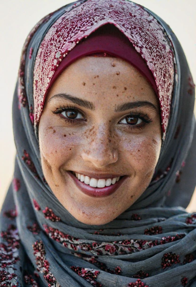 Beautiful lady, (freckles), smile, ruby eyes, hijab, dark makeup, hyperdetailed photography, soft light, head and shoulders portrait, cover