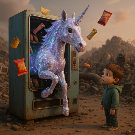 create a hyper-realistic magical-realism image in a 3-D animated style.
a chrome unicorn slowly unfolds from a malfunctioning vending machine in a post-consumer techno-wasteland. The unicorn is so glitter-fied it's absurd, Lisa Frank-level. The unicorn is bucking its head like a real horse. Snacks float by. A child watches, unsure if it’s real.
vending glitch, future junk surrealism, dream economy, post-apocalyptic whimsy, RainbowUnicornStyle