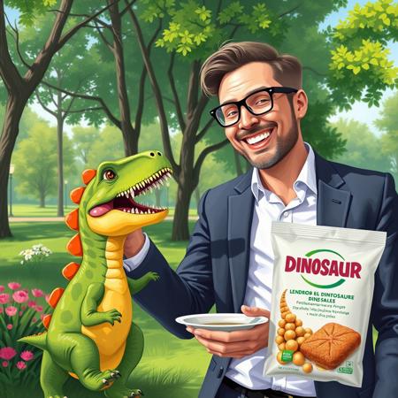 Create a bright and funny promotional illustration for dinosaur food that should look like a real photo. The painting depicts a man in a stylish business suit smiling as he feeds a small dinosaur the size of a cat. The dinosaur looks friendly and playful, with bright colors and cute facial features. Around them is a green park with trees and flowers, creating an atmosphere of joy and comfort. In the background, you can add a package of dinosaur food with a bright logo and slogan, emphasizing that this food is an ideal choice for small dinosaurs. It is important that all the elements of the image look realistic, as if it were a real photograph."