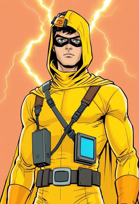 A young male superhero, wearing a simple yellow suit to showcase his electrical superpowers. He is capeless. He wears a cowl over his head covering his upper head. He has several gadgets, including a computer on his wrist.
The art style is golden age comics