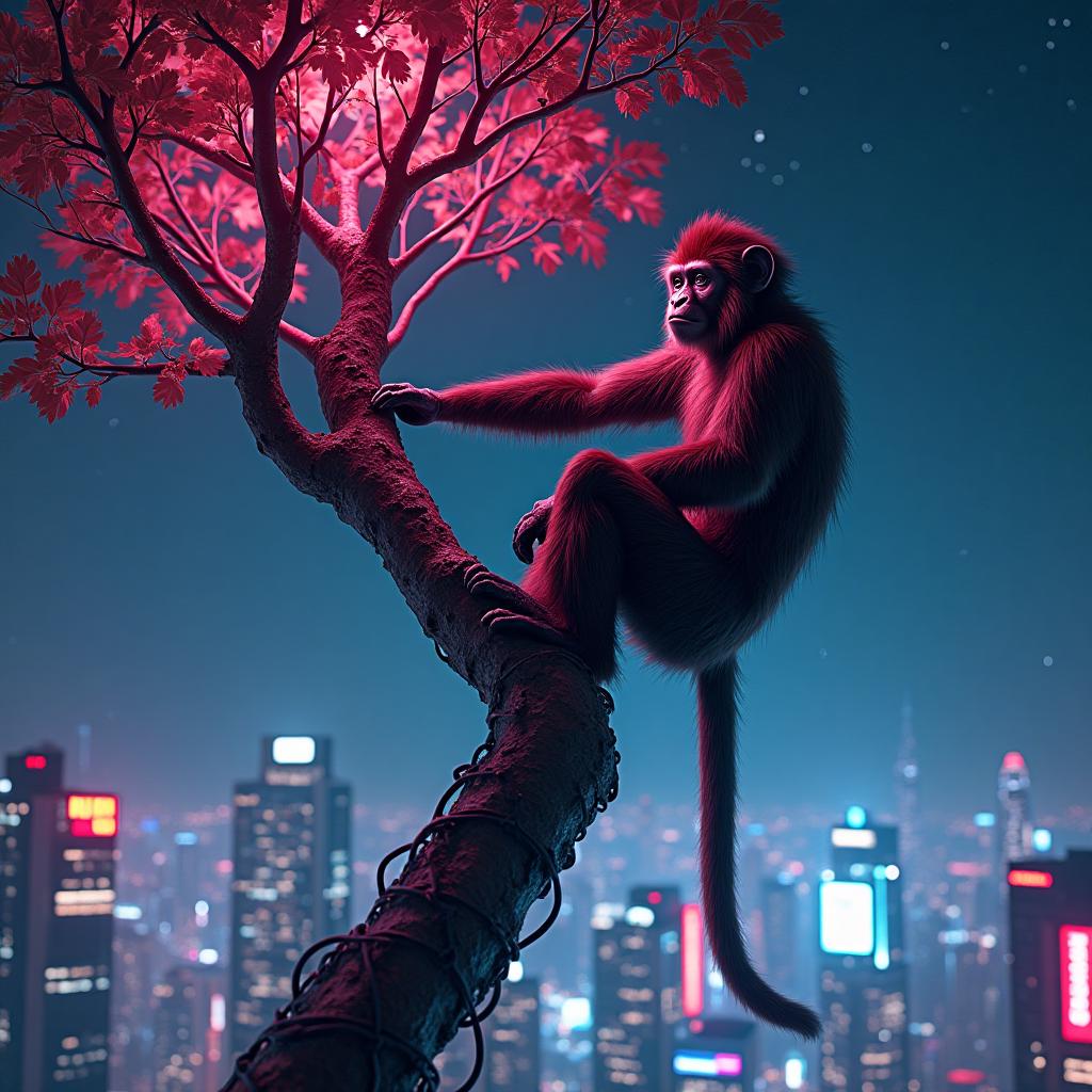 A monkey climbing a futuristic metal tree, with neon leaves glowing against a starry sky in a cyberpunk cityscape