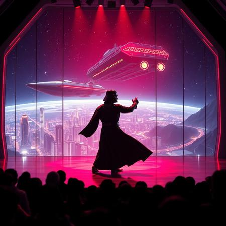 immaculately detailed realistic ultra quality image focused on Darth Vader (Star Wars) and Thanos (Avengers) engaged in a duel on a futuristic stage micro-LED lighted, behind the dancer on the stage is an enormous seamless and futuristic wall to wall and floor to ceiling window that looks out at a the planet's surface covered with the lights of enormous buildings and cities, An enormous deco starship with futuristic lighting and an enormous space station are visible in the background among the stars, Artistic art deco, dynamic perspective, (((overall architectural aesthetic is Art Deco Cyberpunk))).  Epic image that elicits a feeling of romanticism, wonder, and awe, the silhouette of the audience can be seen in the foreground that show the enormous scale of the stage and seamless window behind it,