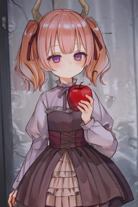 linie, dress,purple eyes, pink hair,twintails,short hair,holding food, apple,standing, straight-on, upper body, close-up, portrait, striped legwear, pantyhose, medieval
1girl, solo,day
BREAK
<lora:linie_v3:1:lbw=CHARAB>