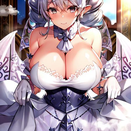 (masterpiece),(best quality),extreamly delicate and beautiful,((perfect female figure)), mature female, milf, narrow waist,illustration,silver hair long hair,silver eyes,dress,steam,steaming body,lace-trimmed dress,lace-trimmed gloves, silver demon horns,silver demon wings,royal silver castle background,sunlight,