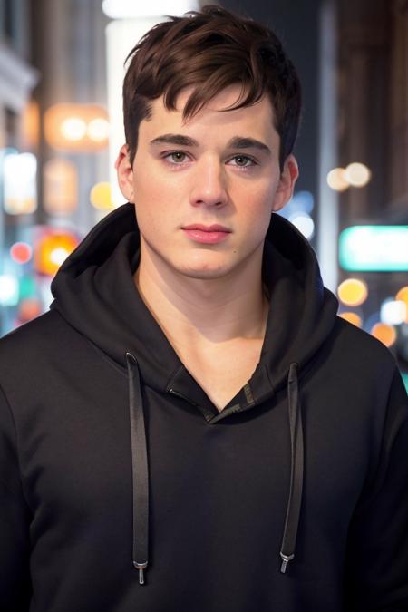 a man <lora:p13tr0b0s3lli:1> downtown a busy city, short hair, baggy gray hoodie, highly detailed face, cinematic lighting, 8K, RAW, UHD, (smiling:0.2), (candid:1.2, amateur:1.2), people in the background, upper body