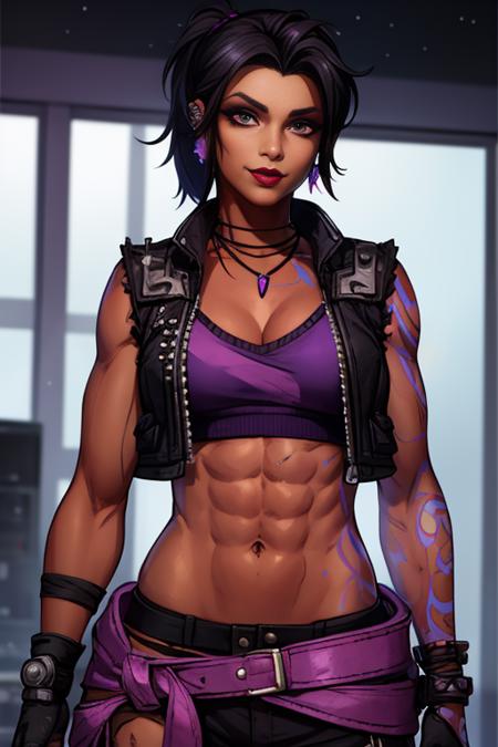 Amara, short black hair,ponytail, purple eyes ,lipstick ,toned , blue left arm tattoo, dark skin ,nail polish,  scars, standing,  arms on hips, upper body, smiling, posing,
AmaClot,right fingerless glove,ear piercing,earrings,midriff ,crop top,torn clothes ,vest,bracelet,pants,boots,necklace,belt ,
spaceship,  window, stars milky ways, purple themed room,  purple walls,  gym, dark room, purple lighting, 
(insanely detailed, beautiful detailed face, masterpiece, best quality)   <lora:Amara:0.7>