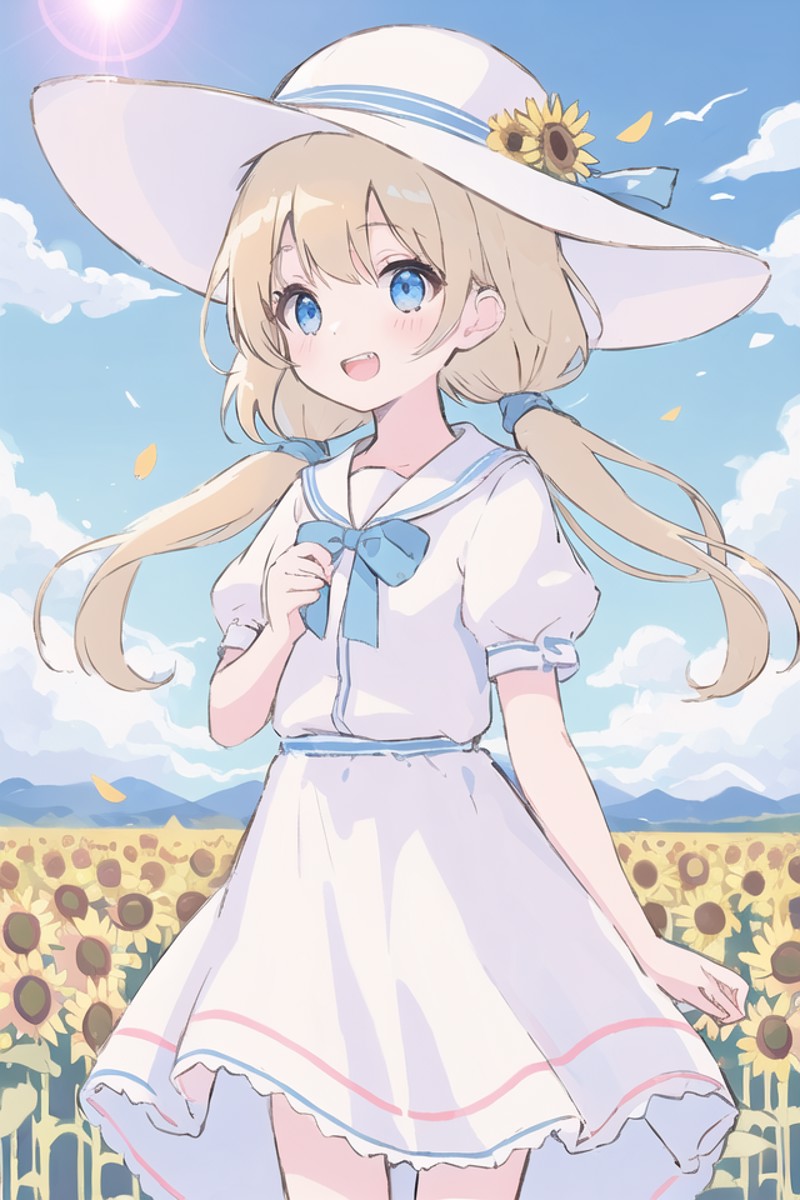 cute little girl,,solo,wind,pale-blonde hair, blue eyes,very long twintails,white hat,blue sky,laugh,double tooth,,lens fl...