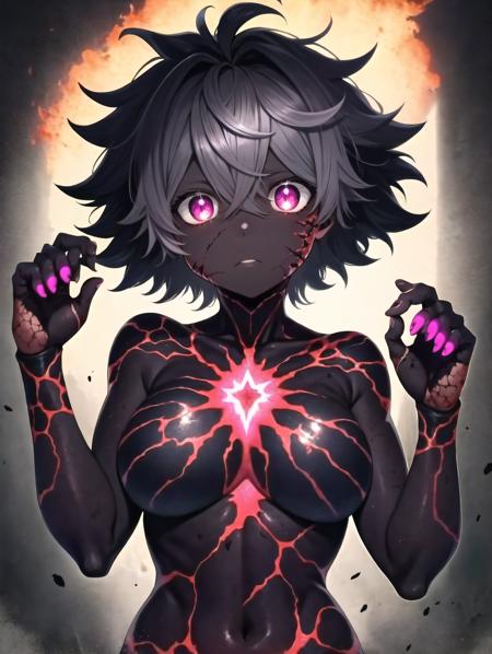 best quality, anime illustration, ((cracked skin, charcoal skin, dark skin)), darkness, hands up, hands raised, sigh, 1girl, colored skin, breasts, medium breasts, (messy hair, hair over eyes:1.3), grey hair, magenta eyes, bandeau, bare shoulders, bare arms, lava theme, molten rock, simple background