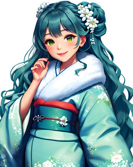 woman wearing furifur kimono, waist up, sweet smile, (blue green and white)1.1, floral hairclip, patterned clothes, extremely detailed clothing, featured on pixiv, masterpiece, highest quality, 8k