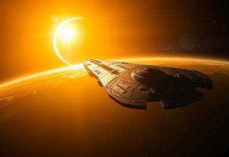 (8k, best quality, masterpiece:1.2), ultra-detailed, Masterpiece, realistic lighting, long-range perspective, maintenance-ring, battle damage starship, beautiful golden lighting as the sun peaks out from behind a planet. its atmosphere creating a beautiful golden crescent shape. some stars should be visible as well as a teal and purple nebula in the distance.