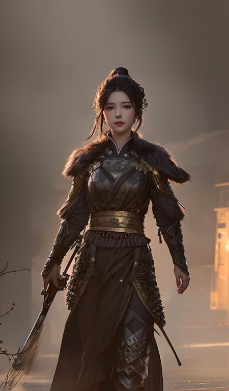 modelshoot style, (extremely detailed CG unity 8k wallpaper), full shot body photo of the most beautiful artwork in the world, , Atey Ghailan, Studio Ghibli, by Jeremy Mann, Greg Manchess,  trending on ArtStation, trending on CGSociety, Intricate, High Detail, Sharp focus, dramatic, zskuijia,Chinese armor<lora:ZSkuijia-250:0.8>