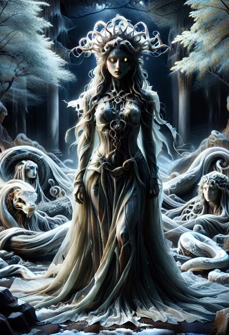 masterpiece, absurdres, best quality, amazing quality, ultra-detailed, newest, extremely detailed, very aesthetic, 
rating_safe, source_anime, 
BREAK, 
1girl, medusa, beautiful Medusa, a Gorgon, long hair, serpentine hair, snake hair, each snake with glowing eyes, 
hair made of tree, hair made of PG-TR, PG-TR, 
ais-ghostly, 
golden eyes, glowing eyes, alluring and menacing, crown of serpents, dress, black dress, tattered gown made from dark mystical fabrics, 
pale skin, marble-like hue, shimmering in the moonlight, 
Around her, statues of former victims stand frozen in place, and the air is thick with an ominous aura.