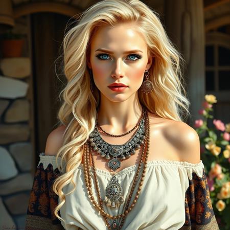 A meticulously detailed, hyper-realistic oil painting featuring a captivating boho woman with striking blue eyes and very very long, wavy, luxurious platinum blonde hair. Her fair complexion is unblemished, and her contemplative expression captures a moment of deep thought. She wears an off-shoulder linen dress in an eclectic mix of traditional attire. The richly patterned maxi skirt, flowing blouse, and layered necklaces with intricate designs create a tapestry of bold colors and patterns,, its deep neckline drawing attention to her elegant necklace and an array of boho jewelry. Luxurious french cabin with flowers in the background. Sunny summer day. Shadows are carefully rendered to create depth, and the cool tones add contrast to the warm lighting. (((ENORMOUS Natural breasts))). Pale white skin. (((Full body pic))). Young woman. Cute face. Sweet face. Innocent face.