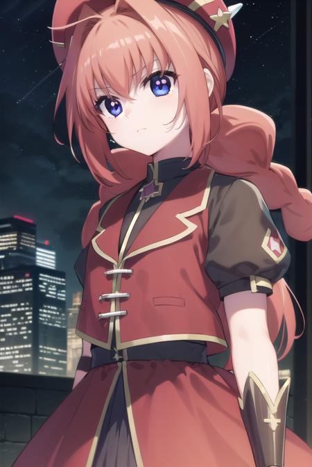 vita, blue eyes, braid, ahoge, red hair, twin braids, rabbit hair ornament, gloves, hat, dress, weapon, open clothes, open jacket, magical girl, red dress, cropped jacket, hammer,