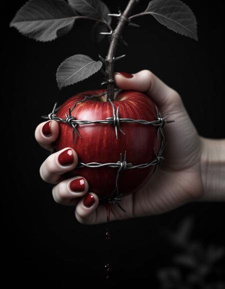 An apple wrapped on all sides with barbed wire. The apple is hanging from a tree. A graceful female hand without any jewelry and with red nail polish on each nail of all five fingers clutches the apple, the barbed wire wounds her palm, blood drips down. Monochrome photograph. Selective color: red. Macrophotograph by Miki Asai.