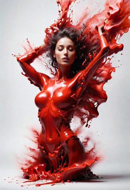 abstract figure resembling a woman torso, no distinguishable features, sculpted from flashy red glossy material, fluid melting appearance, parts dripping stretching towards ground, Engulfed BY red, minimalist plain white background, vibrant flashy red color, stark contrast