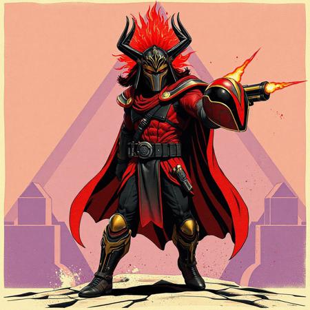 "A vintage Star Wars poster-style Horus the Black Flame Deity, anthro figure in dynamic action pose: blaster in right hand, red-black-gold helmet in left. Bold retro comic outlines, halftone textures, splatter effects, and stark Triamid Fortress geometric background. Color scheme: fiery red, matte black, gold accents, violet undertones. Stylized with Ralph McQuarrie-inspired concept art, retro-futuristic detailing, and dramatic shadows. Hyper-realistic textures, cinematic Unreal Engine 5 lighting, Octane Render gloss. Matte painting composition, trending on ArtStation, 8k HDR, golden ratio framing, isometric angle. Exaggerated proportions, vivid emotions, powerful stance. Retro-futuristic blend of 1970s sci-fi aesthetics and modern hyper-detailed CGI."