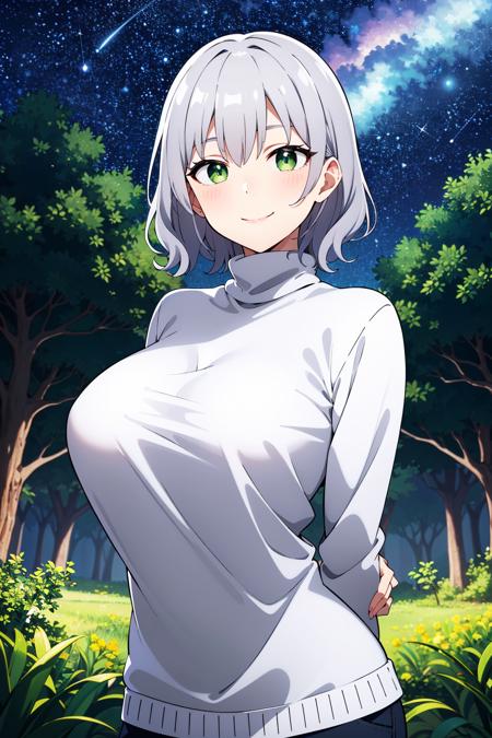 (masterpiece), best quality, expressive eyes, perfect face, solo, 
short hair, wavy hair, silver hair, green eyes, large breasts, turtleneck, white sweater, seductive smile,
starry sky, forest, arms behind back,