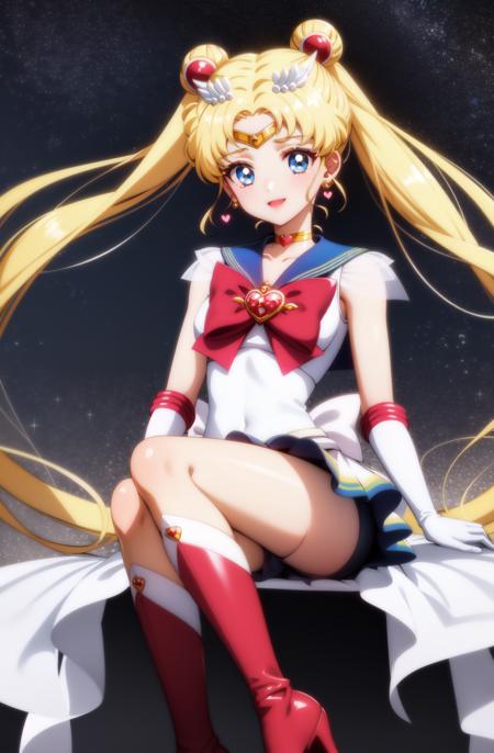 masterpiece, best quality, (1girl), supersailormoon, detailed face,  smile, nigh sky, moonlight, moon, sakura trees,  white gloves, detailed eyes, detailed face, sitting ,  galaxy background, detailed background, fullbody, long hair, skirt, blonde hair, gloves, bow, twintails, jewelry, pleated skirt, choker, elbow gloves, white gloves, sailor collar, hair bun, double bun, magical girl, blue sailor collar, multicolored clothes, sailor senshi uniform, multicolored skirt, hair ornament, red bow, brooch, heart brooch, earrings, crescent, blue eyes, heart choker, heart, miniskirt, very long hair, back bow, crescent earrings, tiara, yellow choker, boots, knee boots, red footwear