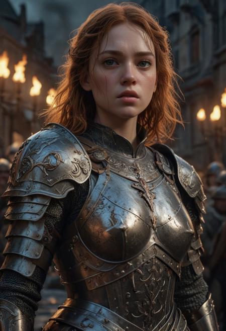 High resolution ultra-realistic of Beautiful Warrior Joan of Arc, 8k, capturing the intensity of the moment, cinematic lighting, standing on a bloody and stormy battlefield in bloody battle, wavy black hair, realistic dirty pale face, realistic brown eyes,  beautiful hourglass figure, burning in a medieval Town, intricately designed iron and silver armor, Dark Ages Aesthetic, perfect athletic figure, beautiful Sadie Sink as  Warrior Joan of Arc, fire, ultra realistic, cinematic style, vigorous and seductive, athletic figure, dark fantasy, dramatic lighting, wet and sweaty skin, dirty skin, athletic figure, dark fantasy, dramatic lighting, Greg Rutkowski style,, Warrior Joan of Arc on in iron armor, hyper-detailed, hyper-realistic, bright colours, Attractive 21 old years girl, Attractive, beautiful firm Breasts, sharp focus, digital painting, Photograph Taken on Nikon D750, Alphonse Mucha, 8K, athletic figure, Hyperdetailed, hyperrealism, Attractive, Attractive bust girl, asymmetric balance