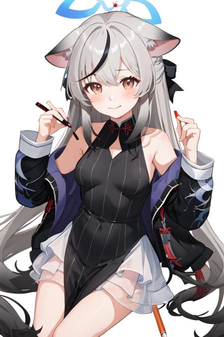 best quality, masterpiece, highres, solo, {kokona_bluearchive:1.15}, animal_ears, grey_hair, long_hair, multicolored_hair, black_hair, halo, streaked_hair, bangs, blush, breasts, brown_eyes, small_breasts, striped, hair_between_eyes, very_long_hair, vertical_stripes, 1girl, black_dress, black_jacket, dress, jacket, looking_at_viewer, simple_background, striped_dress, vertical-striped_dress, white_background, closed_mouth, off_shoulder, holding, holding_pencil, pencil, smile