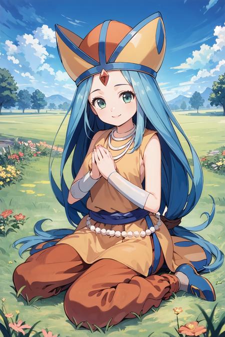 masterpiece,best quality,illustration,beautiful detailed girl, highres,1girl,<lora:GoodHands-beta2:1:lbw=MIDD>,nice hands, perfect hands, <lora:fosse dq7:0.9>,fosse dq7,aqua hair,hat,necklace,wristband,dress,pants,jewelry,prayer beads,footwear,full body,smile,wariza,grass,blue sky