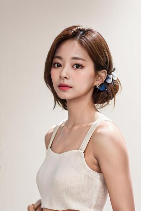 (masterpiece,best quality,realistic:1.3),1girl,solo,upper_body,sleeveless_shirt,bare_shoulders,(white_background,simple_background:1.3),tzuyu, <lora:tzuyu_nv:0.7>