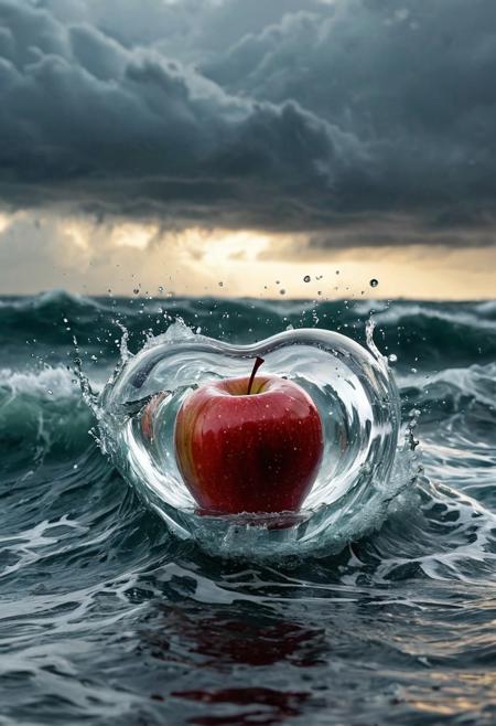 Stable_Yogis_PDXL_Positives
 Imagine a photograph capturing an extraordinary and surreal subject: a transparent apple, crystal clear and perfectly formed, revealing a highly detailed, tumultuous miniature sea raging within. The apple sits boldly in the center of the frame, its smooth, glass-like surface reflecting light and offering a window into the dynamic scene inside. Within, the stormy sea is a marvel of miniaturization - tiny waves crest and crash with realistic ferocity, and if one looks closely, minute flashes of lightning and swirls of wind can be discerned, adding to the tempest's drama. The background of the photo is intentionally simple, perhaps a soft, neutral color or a subtle gradient, ensuring that all attention is drawn to the striking contrast between the serene exterior of the apple and the wild, chaotic seascape it contains. The lighting is key, illuminating the apple in a way that highlights the intricate details of the storm inside while maintaining the overall clarity and impact of the image.