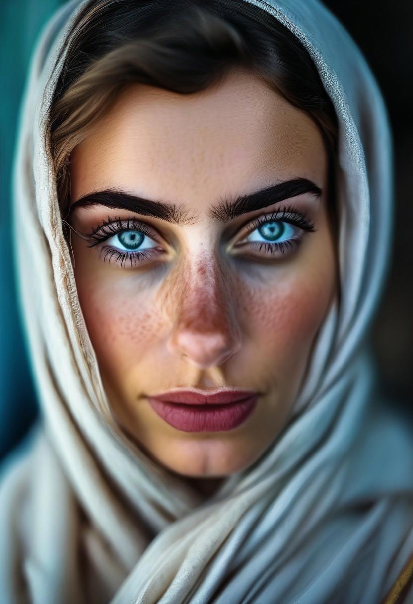 Persian Girl,Portrait Photo a portrait, hyperdetailed photography, by Elizabeth Polunin, blue hijab young woman smiling, brooklyn, looking straight to camera, sweaty, Margot Robbie, nepal, very accurate photo, suspiria