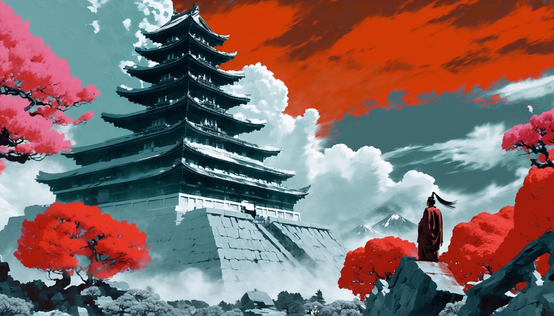 Ancient Chinese Temple with Red and White Clouds in the Sky