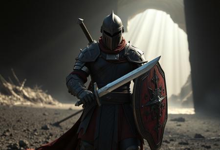 Epic Raider's Knight, crimson obsidian plate armor, visored helm, gleaming sword, weathered shield. Commanding pose in a desolate ash wasteland before a shadowed cavern entrance. Cinematic, dramatic god rays, gritty atmosphere. Octane render, Unreal Engine 5, trending on Artstation, CGSociety, photorealistic, volumetric lighting, detailed texture, sharp focus, deep shadows, dynamic pose, epic composition, 4K.